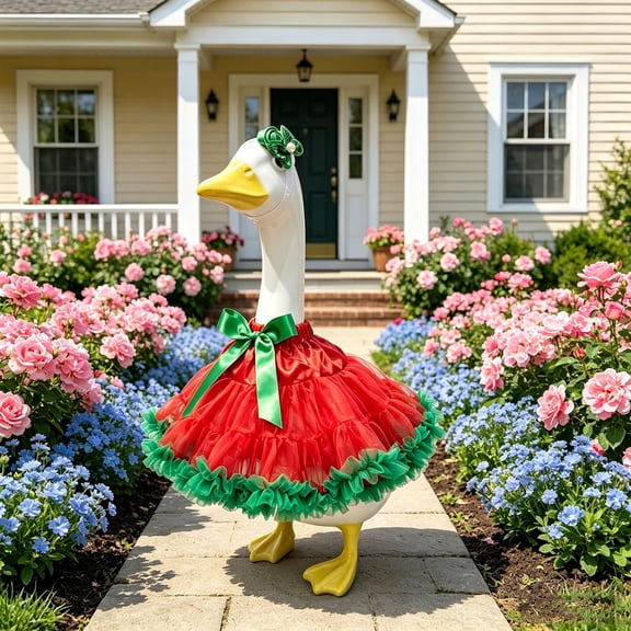 Porch Statue Christmas Ballerina Dress Set, Red Green Mesh Skirt Outfit for Yard Decoration, Festive Holiday Attire for Standing Gander Statue, Red, Lazyguy