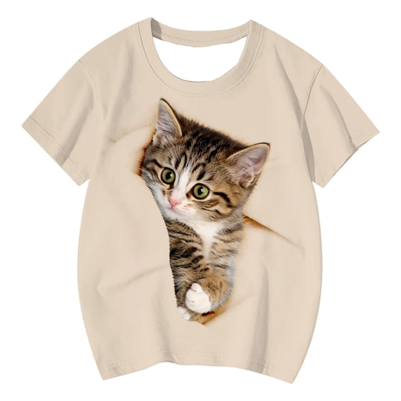 WOYY Cute Cat Graphic Tee for Girls Casual Comfortable Short Sleeve T-Shirt, Sizes 3-13