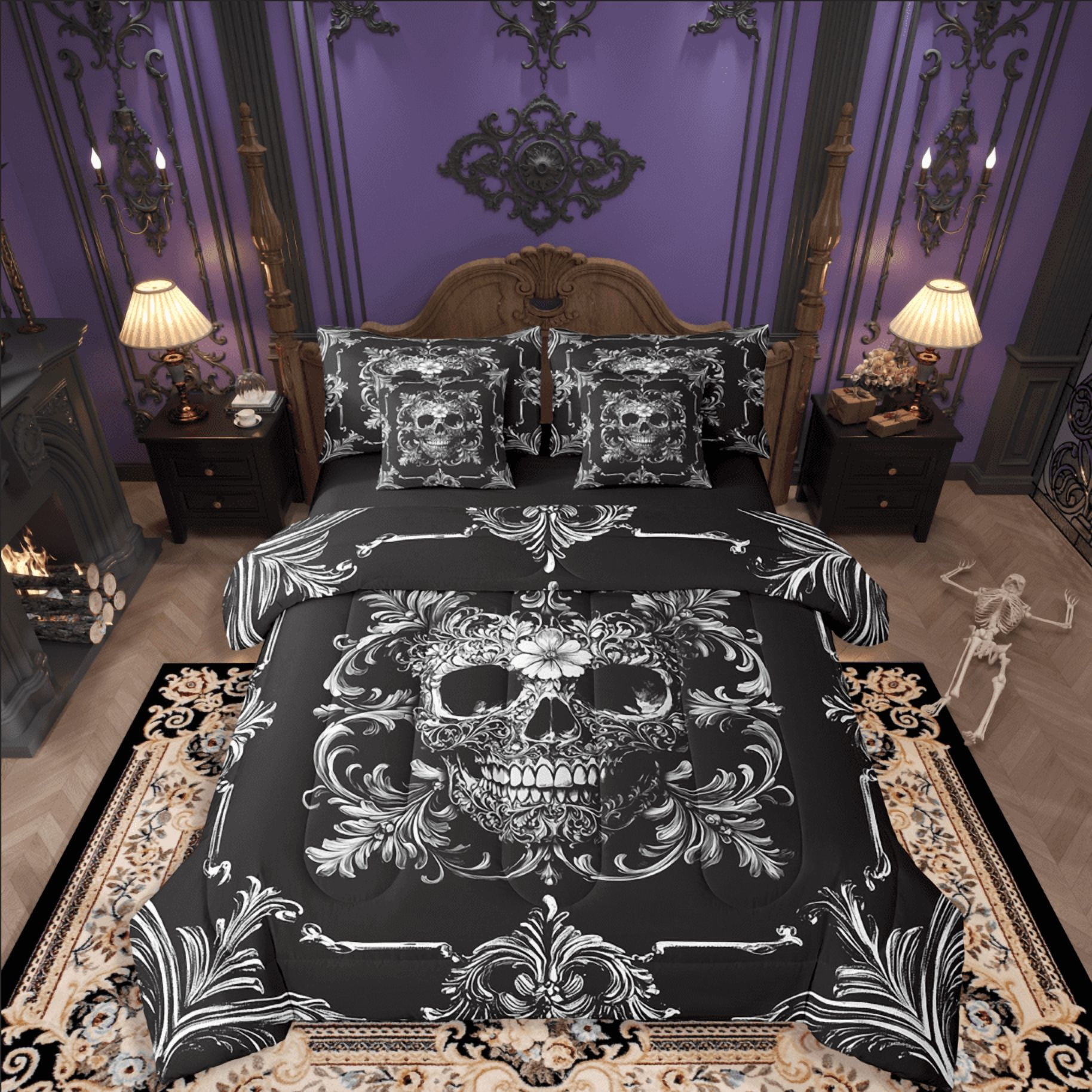 Castle Fairy Abstract Skull 7 Pieces Bedding Comforter Set Bohemian Damask Full Bedding Set Lightweight Chic Flower Fitted Sheet Flat Sheet Super Cozy Gothic Room Decor Reversible
