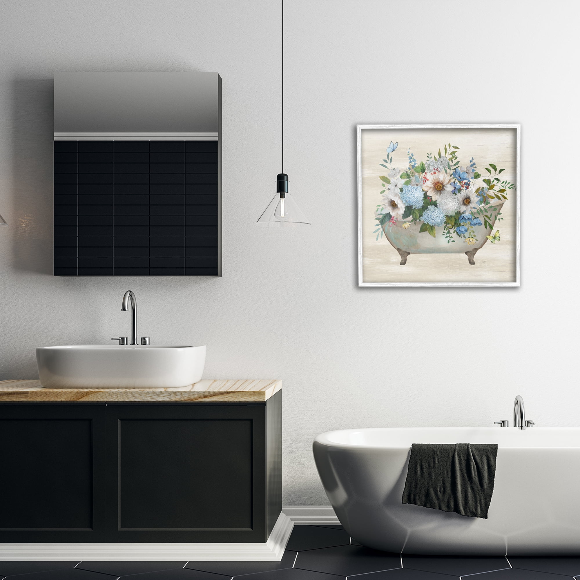 Stupell Industries Floral Bouquet Bathtub Typography Painting White Framed Art Print Wall Art, 24 x 24