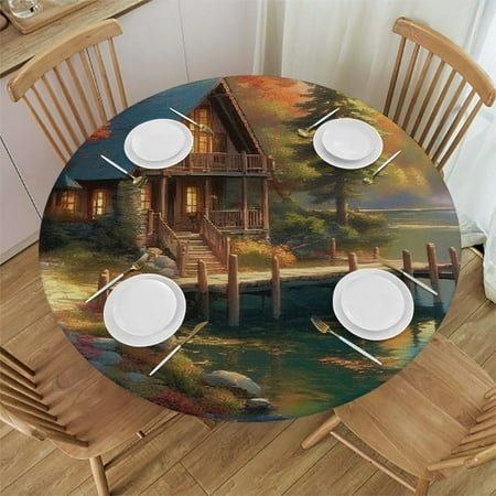 

Autua House by the Lake Round Tablecloth Stain Resistant & Washable for Indoor and Outdoor Use Perfect for Kitchen Dining Wedding Parties - 100% Polyester Fiber 31 -35