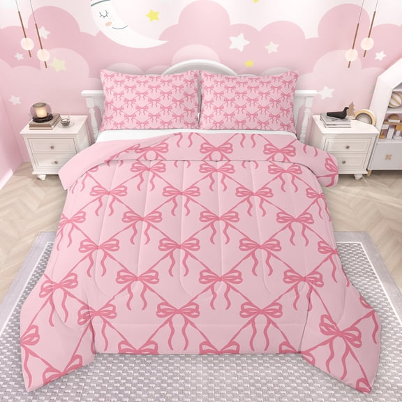 Feelyou Girly Pink Bowknot Bedding Comforter Set, Princess Cartoon Bow-tie Twin Comforter Sets, Teens Kids Girls Women Reversible Bedding Set, Ultra Soft Bedroom Decor, 2pcs