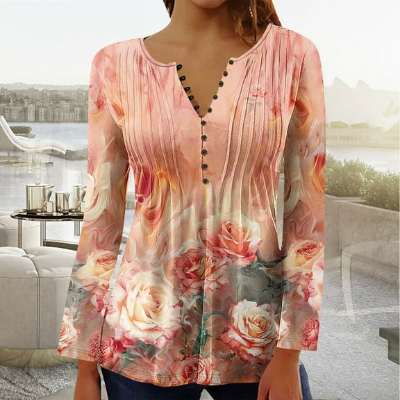 YOTAMI Ladies' Fall Tops Button V-Neck Ruffled Long Sleeve Plus Size Clothes for Gift Printed Comfortable Tops Multicolor XXL