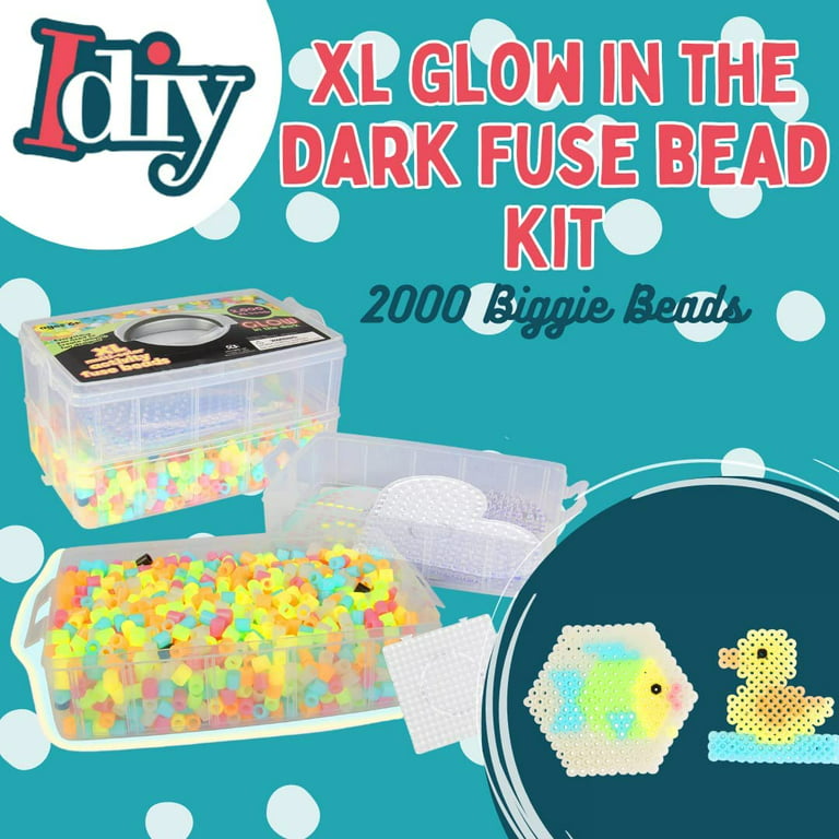 2,000 Piece Glow in The Dark XL Biggie Fuse Craft Bead Kit- 3 XL Pegboards,  7 Colors, 6 Unique Templates, Ironing Paper and Case - Works with Biggie  Larger Perler Beads, Pixel Art Project 