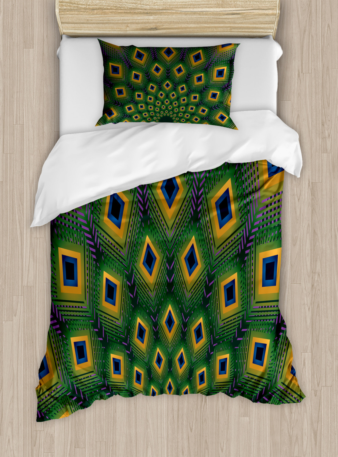 Peacock Duvet Cover Set, Modern Abstract Geometry Inspired Pattern of Fascinating Feathers