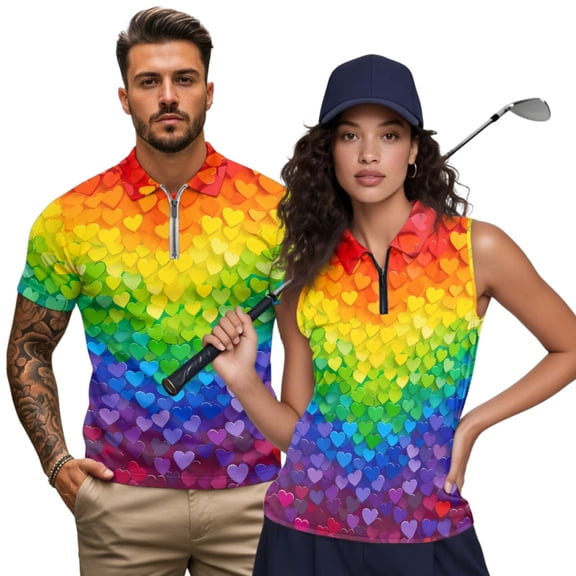 Uorisanigo Colorful Heart Couple Matching Outfit Mens Golf Shirts Size S 1/4 Zip Dry Fit Breathable Sports Tops and Womens Golf Shirts for Summer 1/4 Zip Up Athletic Shirt