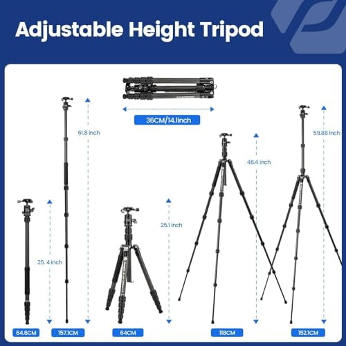 Fotopro Carbon Fiber Travel Tripod 59" Lightweight Camera Tripod Detachable Monopod  with Ball Head Quick Release Plate Load up to 17.63lbs