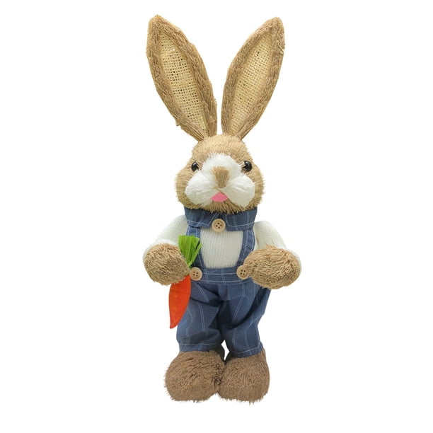 Easter Bunny Decor Easter Straw Bunny Figurine, 14" Tabletop Sisal Easter Bunny Figurine with Carrot, Straw Rabbit Decor Statue, Spring Decorations for Home Farm (D)