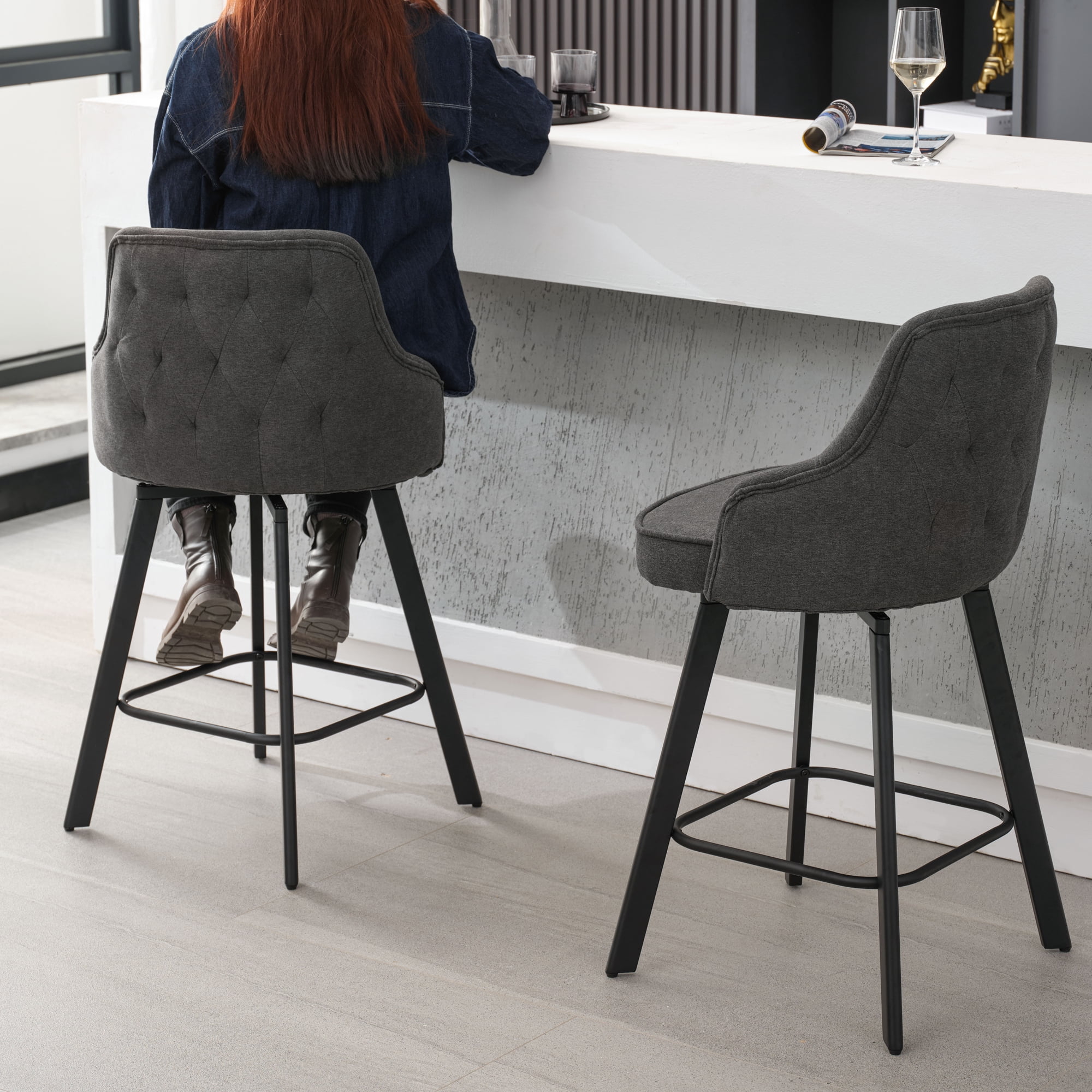 FIRAVOE Bar Stools Set of 2 (High Back) Swivel Barstools Counter Height Bar Stools, 26" Linen Bar Chairs Counter Stools for Kitchen Island, Gray