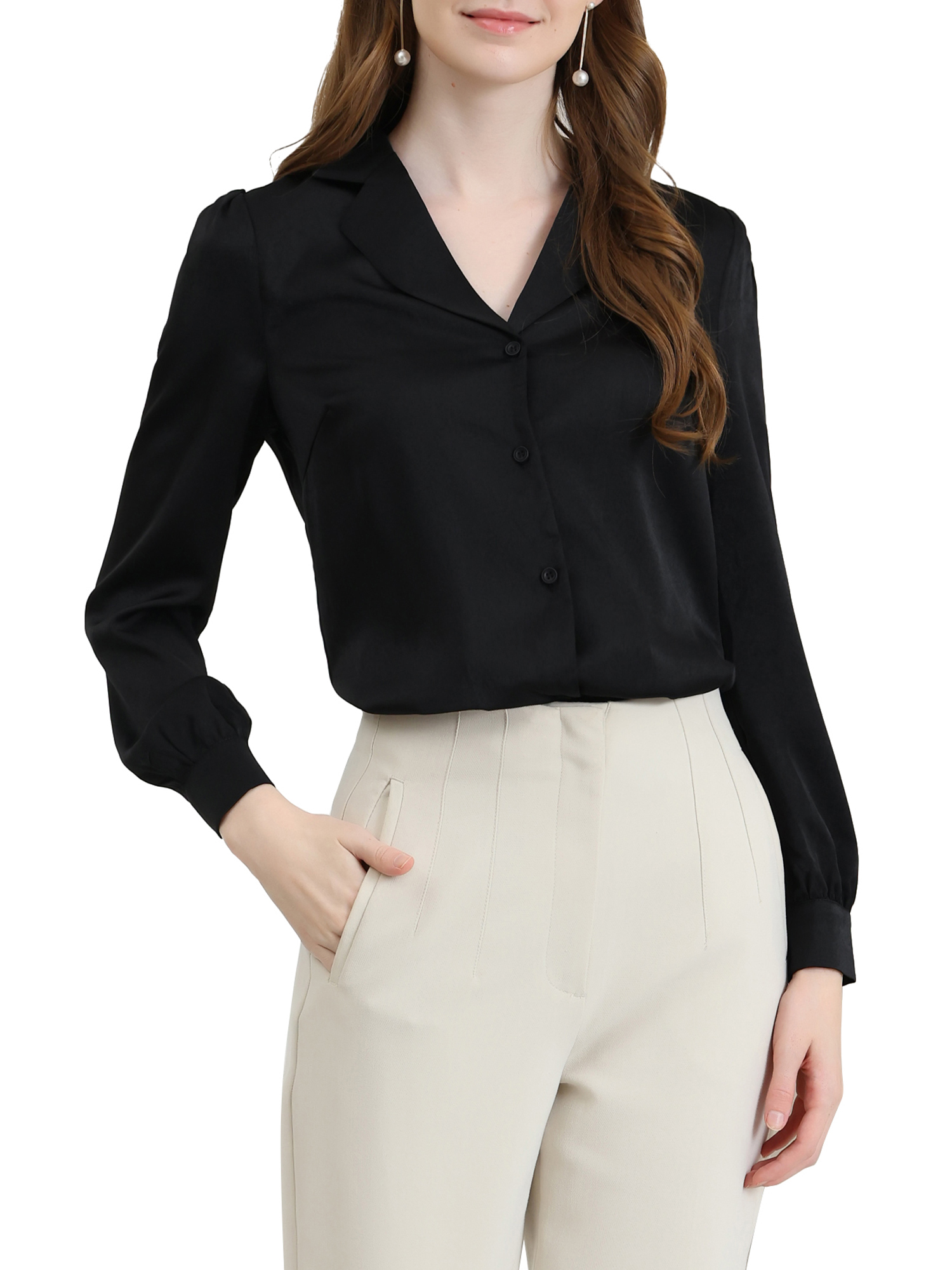 DARING DIVA Women's Flat Collar Button Down Office Satin Shirt L Black