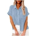 thumbnail image 2 of Htigea Womens Short Sleeve Casual Button Down Shirts Summer Soft Fashion Cotton Blouses Tops with Pocket Sky Blue,M, 2 of 6