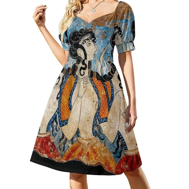 GRIEGO: Vestido de verano de manga corta con estampado de friso fresco de damas de la corte de la antigua Grecia.
