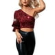 thumbnail image 1 of Camiseta de manga larga con lentejuelas y hombros descubiertos para mujer XBTCLXEBCO Vino Rojo, Chico, 1 of 6