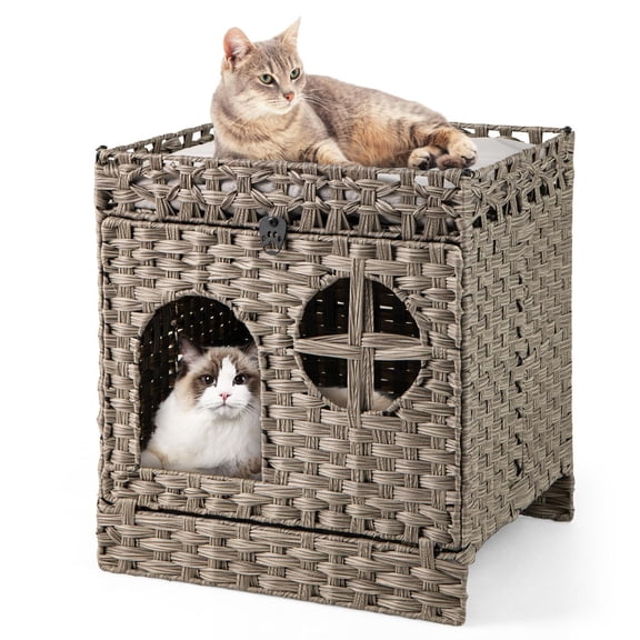 YYAo Foldable 2-tier Rattan Cathouse with Litter Mat, Puppy Shelter for Indoor, Living Room, Home Office, Gray