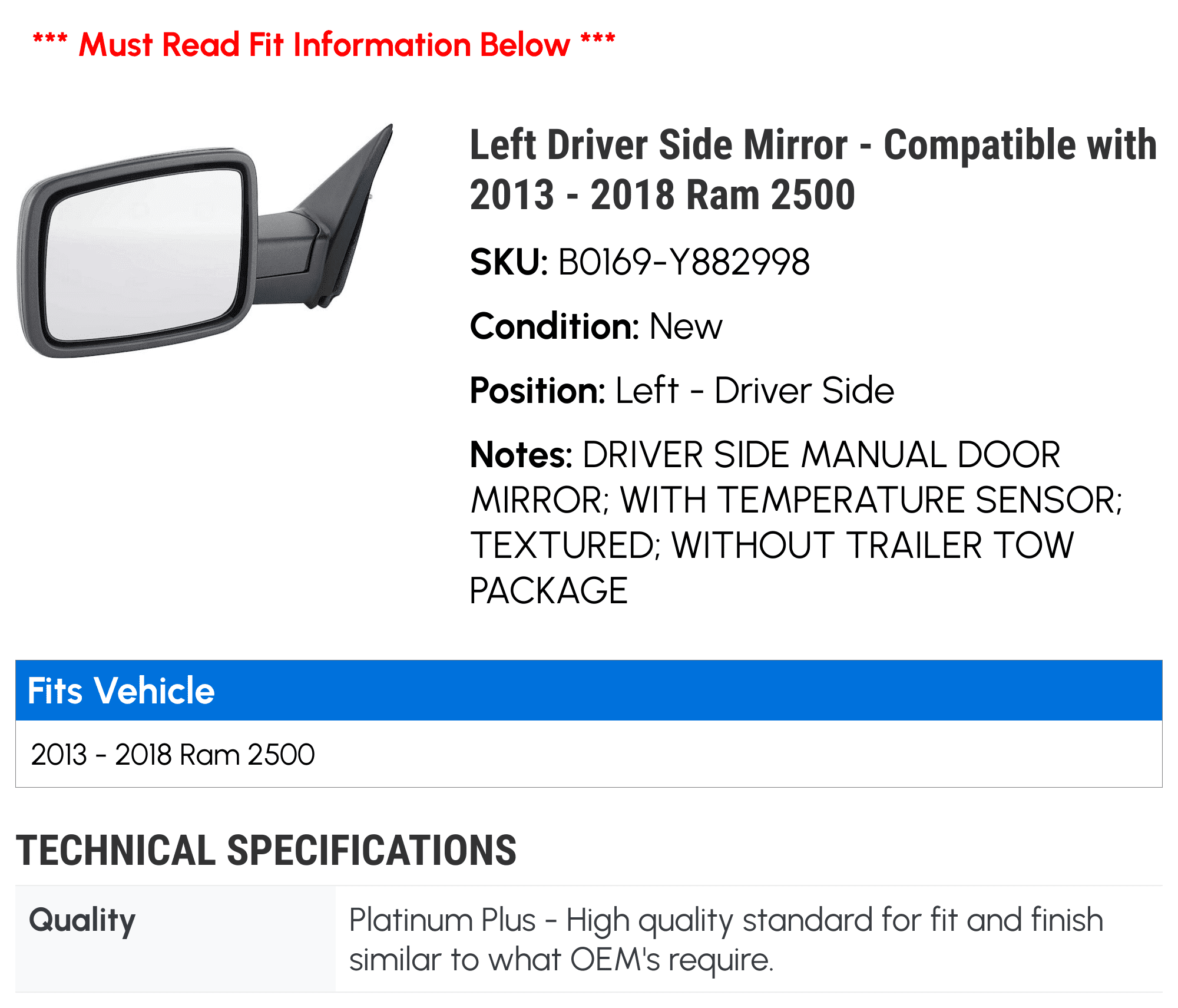 Left Driver Side Mirror - Compatible with 2013 - 2018 Ram 2500 2014 2015 2016 2017