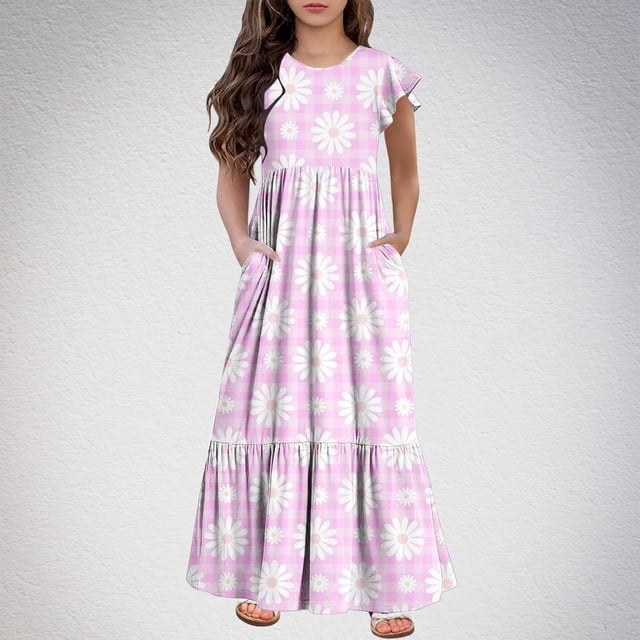 LOVZFMLL Robe d'Été à Manches Courtes Col Rond Couleur Unie pour Filles