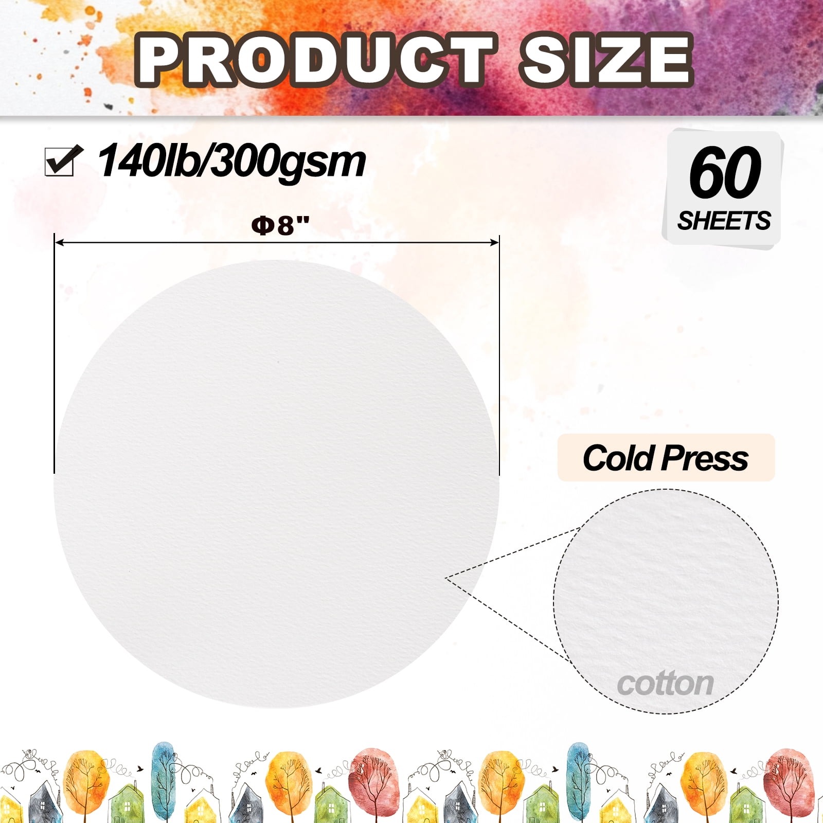 Uxcell 60 Sheets Cotton Watercolor Paper Round 140lb/300 GSM Cold Press Water 8 Inch