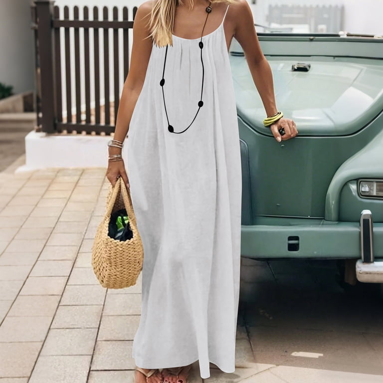 VEKDONE Backless House Dress for Women Summer Sleeveless Scoop Neck  Spaghetti Straps Dress Casual Vacation Cami Sundress for Beach White XL -  Walmart.com