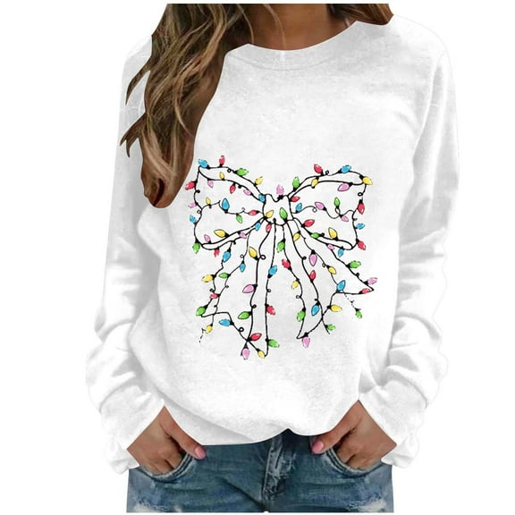 Women Christmas Shirt Crewneck Long Sleeve Tops Funny Graphic Light Bulb Xmas Tree Christmas Vacation Sweatshirt