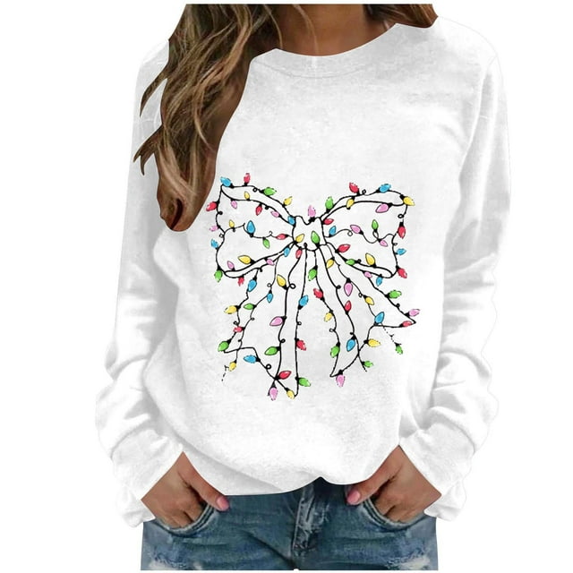 Lcziwo Chandail de Noël pour Femme 2025 Tenues de Mode d'Automne Décontracté Xmas T-Shirts à Imprimé Graphique Drôle Manches Longues Col Rond Chandail Ample Blanc, TG