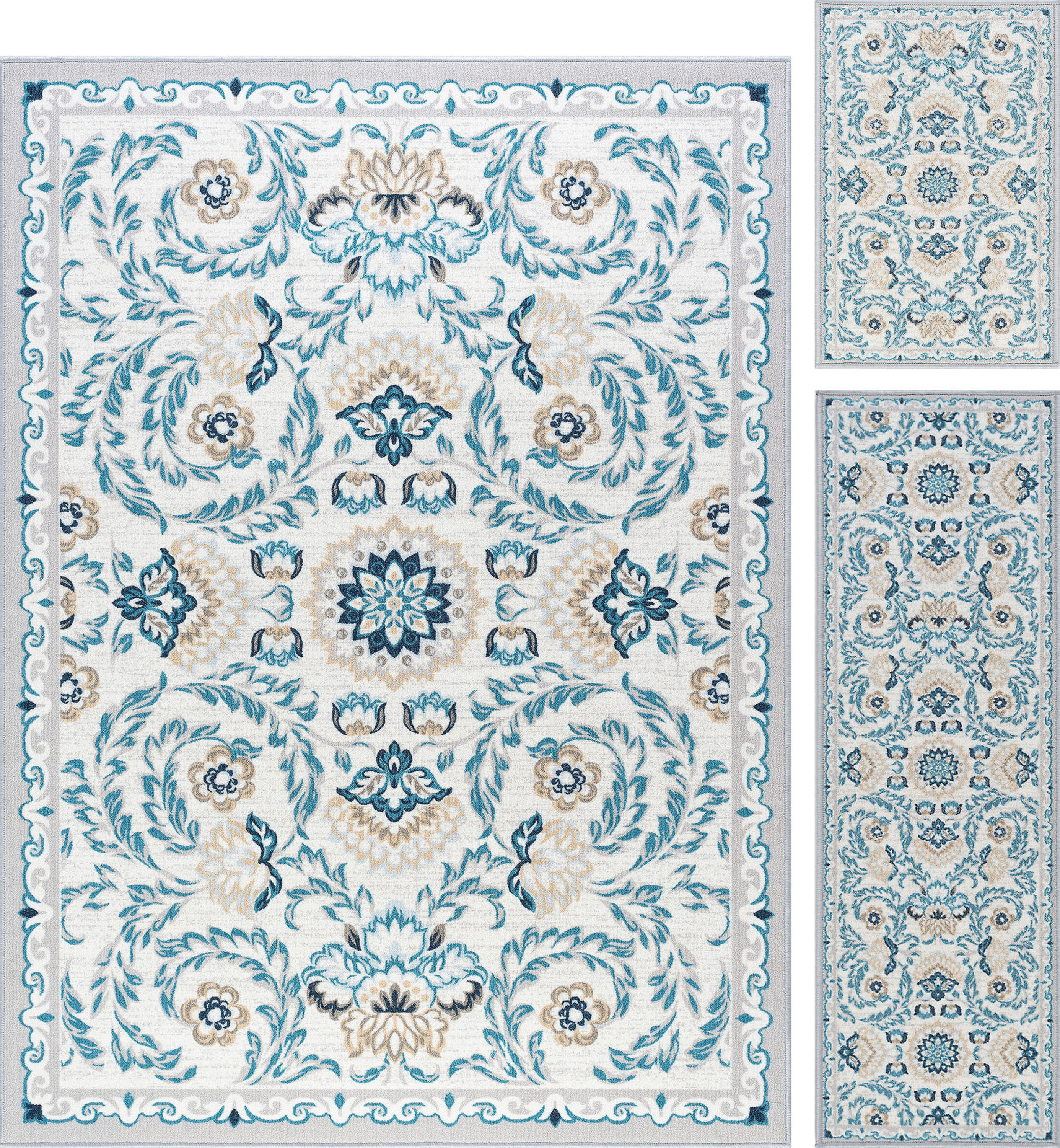 Transitional Area Rug (3-Piece Rug Set: (5' x 7', 20'' x 60'', 20'' x 32'')) Floral Cream, Navy Indoor Set Easy to Clean