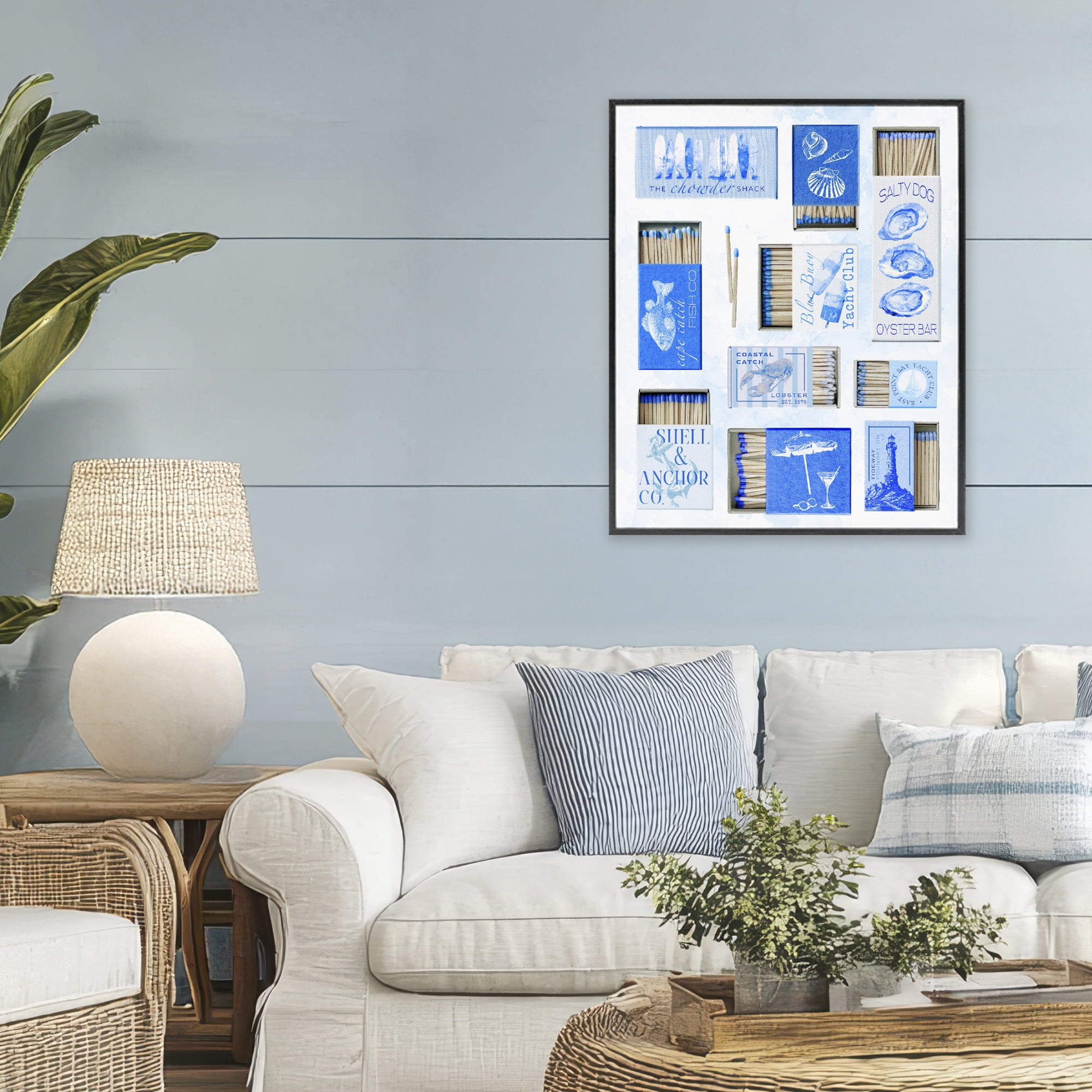 Blue Coastal Matchboxes Black Framed Giclee Art, design by Ziwei Li
