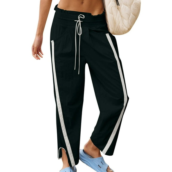 BRDFRL Womens High Waist Side Striped Pants Wide Leg Drawstring Sweatpants Hudson Canyon Stripe with Pockets Black XL