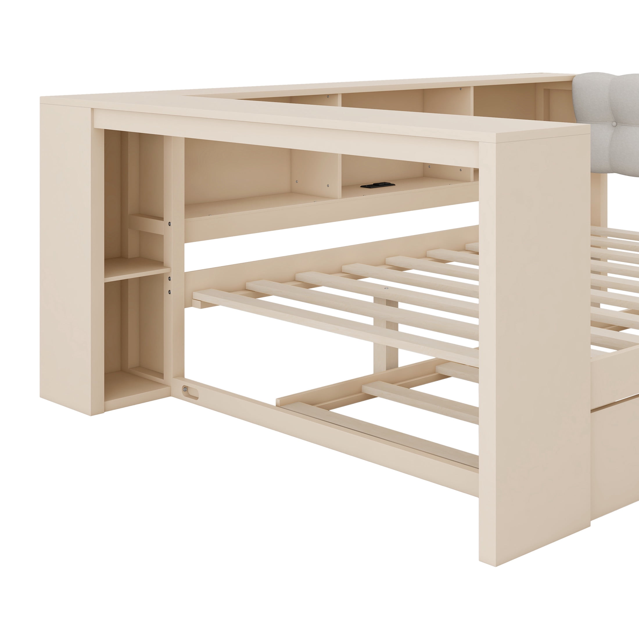 Noble House Full Wooden Platform Bed, Upholstered Headboard, Storage Shelves, Charging Station and Trundle, Cream