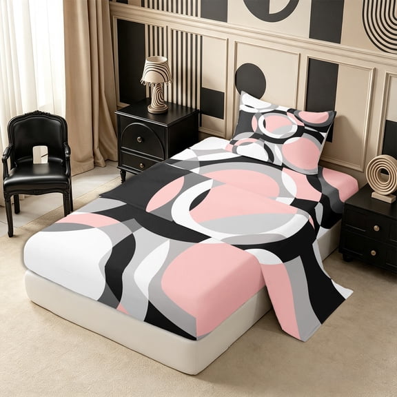 Castle Fairy Minimalist Circle Twin Sheets 3pcs,Mid Century Ring Shape Bedding,Pink Gray Black White,1 Flat Sheet, 1 Fitted Sheet and 1 Pillowcase