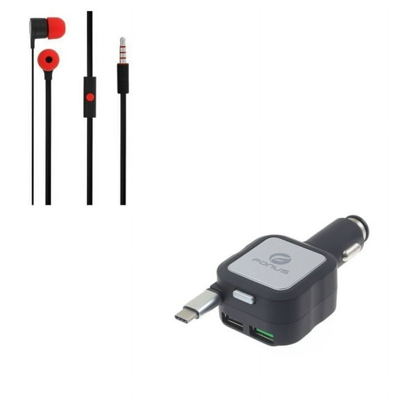Hands-free Earphones w Retractable Car Charger V7Z for LG V40 ThinQ, V35 ThinQ, Q7 Plus, Google Nexus 5X, G8 ThinQ, G7 ThinQ, G Pad X II 10.1, Stylo 4 Plus - Microsoft Surface Go (10")