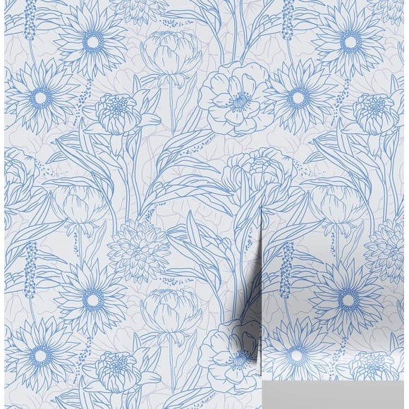 S4Sassy Peel & Stick Vinyl Wallpaper, Chic Large Floral Outline Print Wallpaper Contact Paper Waterproof - Blue, 25"x60", Finish, Wall Covering for Home Decor in Bedrooms, Spaces, Cabinets