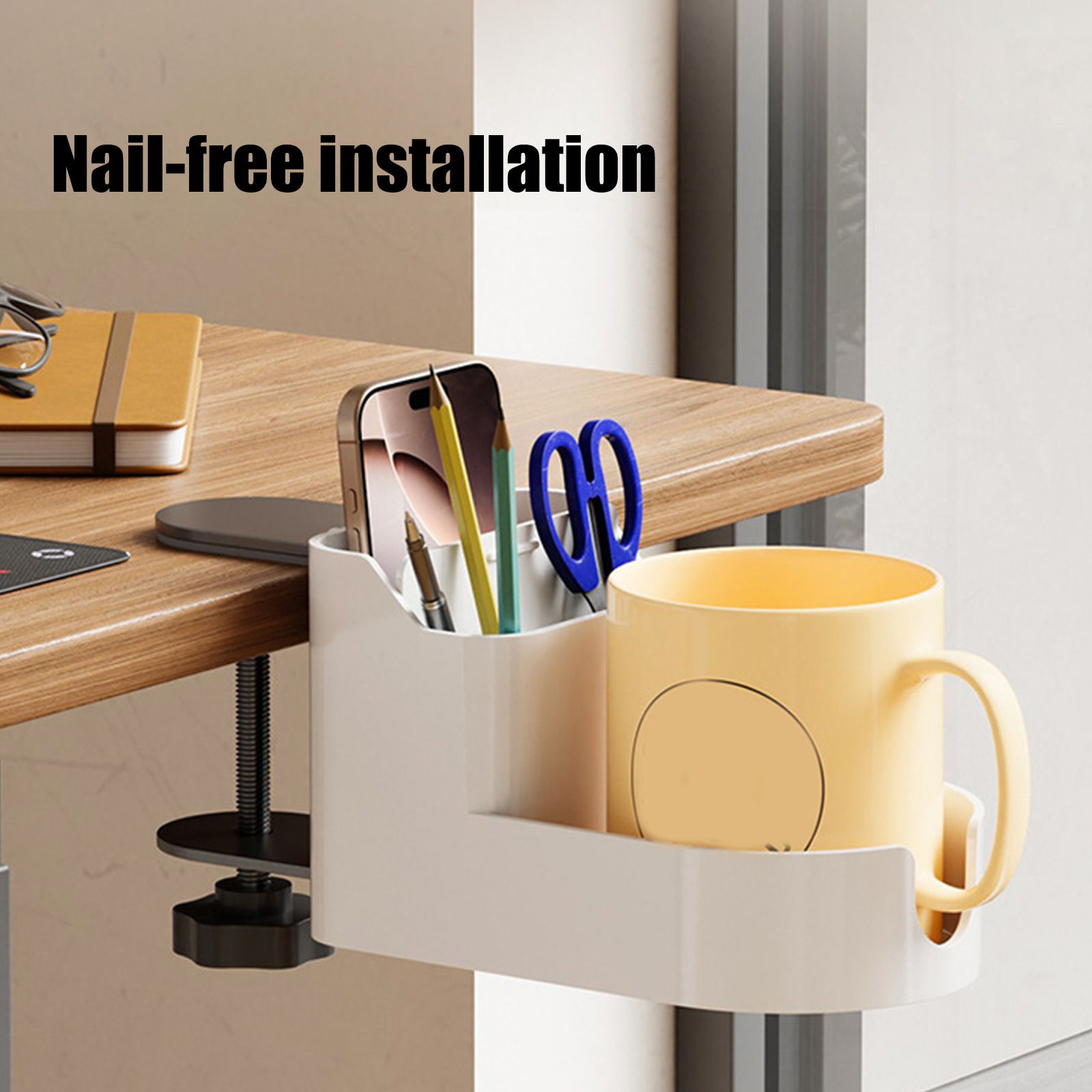 Desktop Phone Stand With Beverage Holder Modern Nonslip Base Desktop Organiser Workspaces Storage Solution