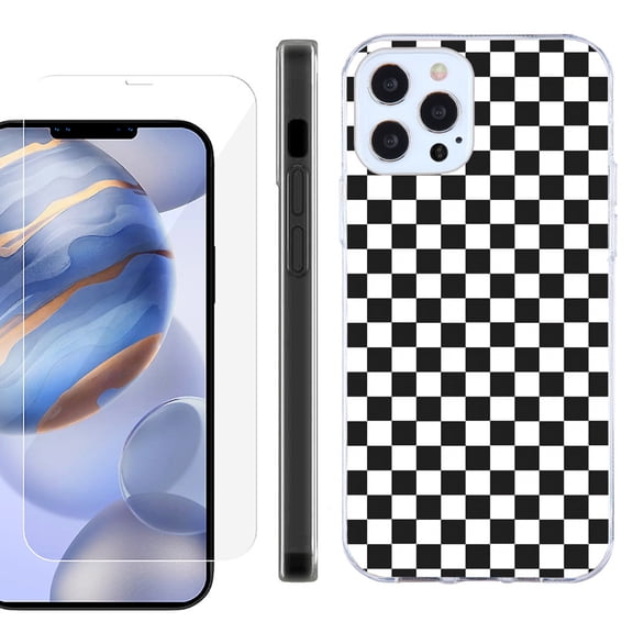 Slim Fit Protective Phone Case for Apple iPhone 12 / iPhone 12 Pro, with Tempered Glass Screen Protector, by OneToughShield ® - Checker B/W