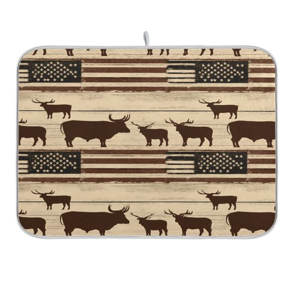 American Flag and Cow Dish Drying Mat 16x18 Absorbent Microfiber Draining Rack Pad for Kitchen Counter Sink