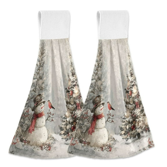 Snowman and Bird Christmas Tree Vintage Style Hanging Towels with Loop Hand Towels Nylon Fastener Tape Design Dish Cloths 2 Pieces