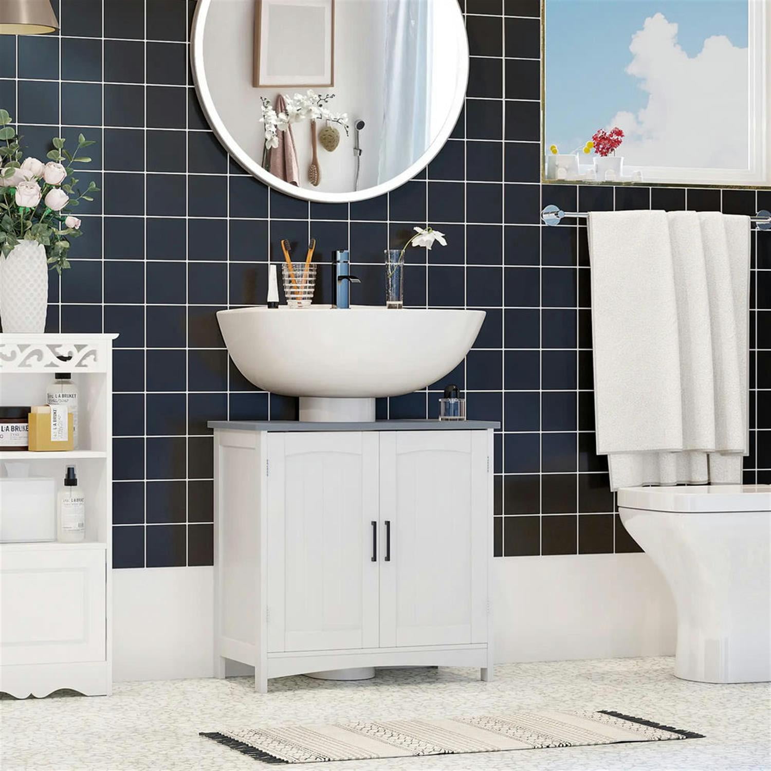 Demi Bonn 23" Modern Bathroom Vanity with U-Shape Cut-Out and Adjustable Shelf, Pedestal Sink 2-Door Cabinet, Under Sink Cabinet, White