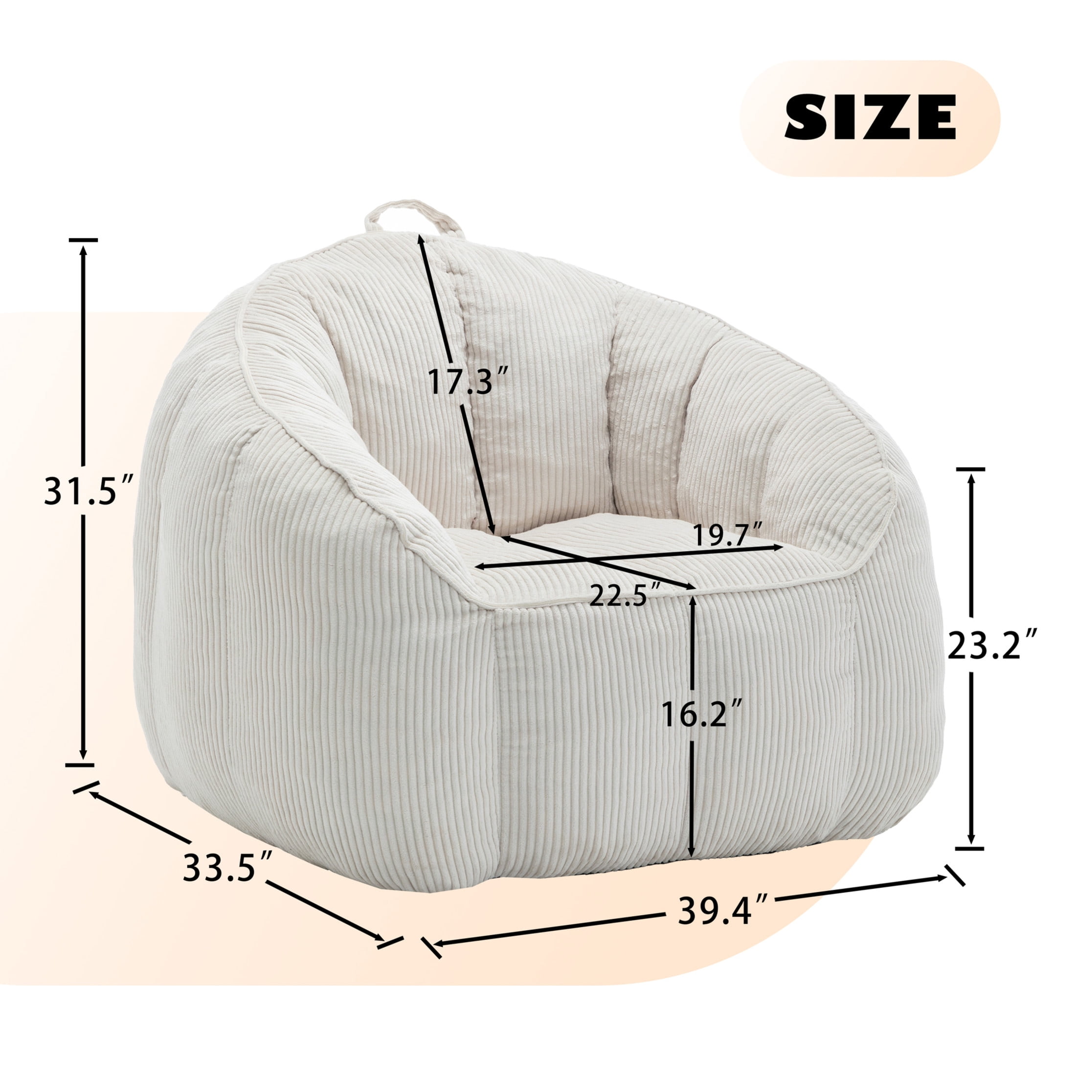 Noble House Revon Giant Corduroy Bean Bag Chair with Armrests, Cozy Memory Foam Lounge Couch for Living Room, Beige