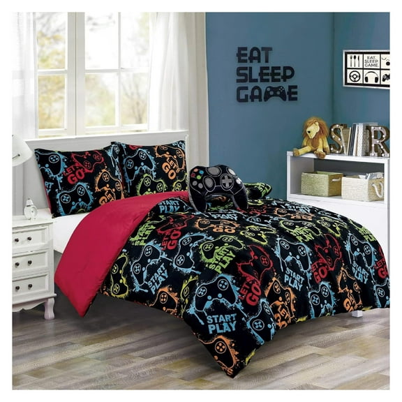 Gamer Bedding 4-Piece Video Games Gamepad Microfiber Comforter Set for Boys Kids Teens Full/Queen Size (Oversized Twin)