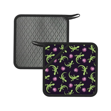 

2PCS Pot Holders for Kitchen - Heat Resistant Silicone Pot Holders with Hanging Loop Cute Lizard Gecko Floral Pink Non Slip Oven Hot Pads Potholders for Decor Baking Cooking Kitchen