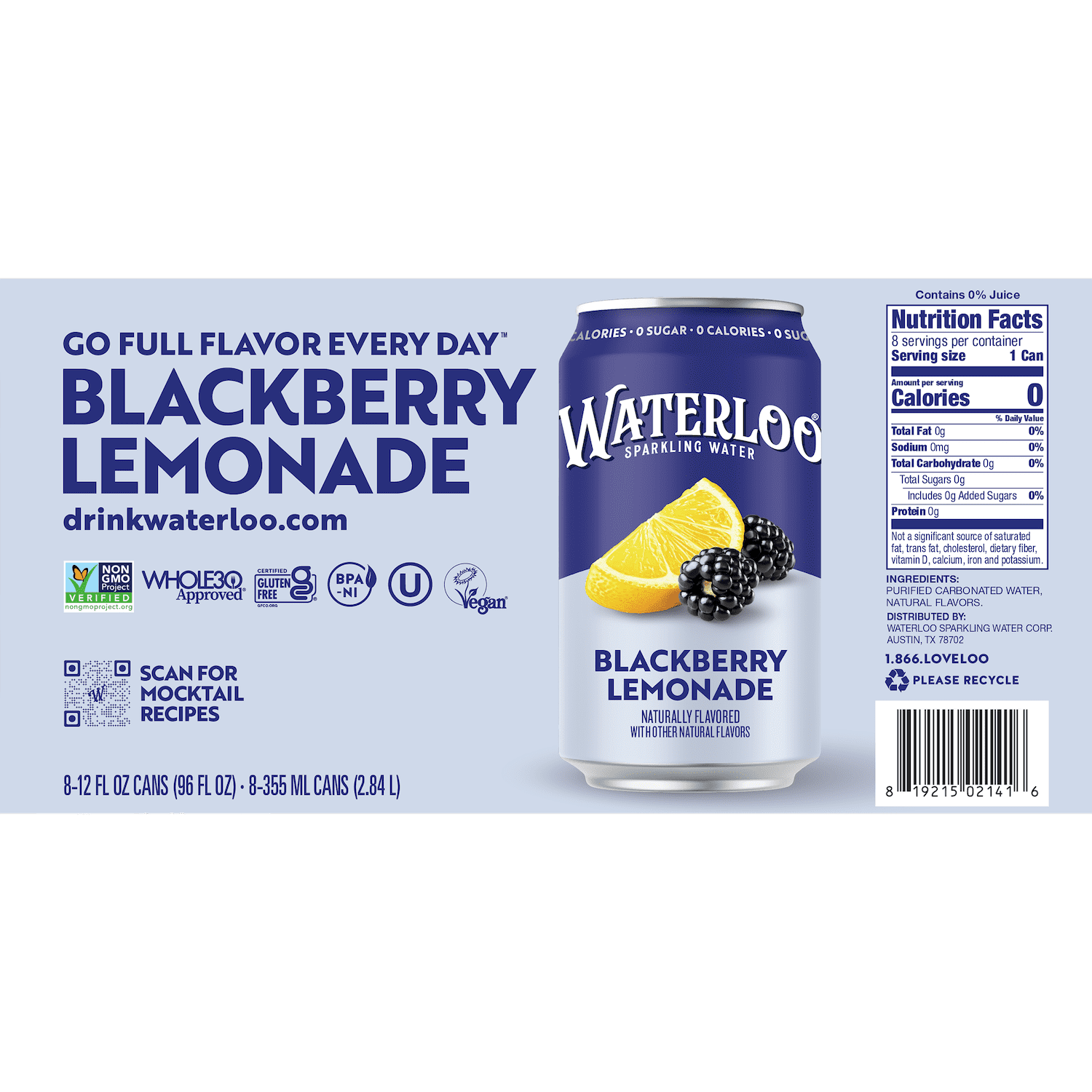 (3 pack) Waterloo Sparkling Water, Blackberry Lemonade, 12 fl oz, 8 Pack Cans