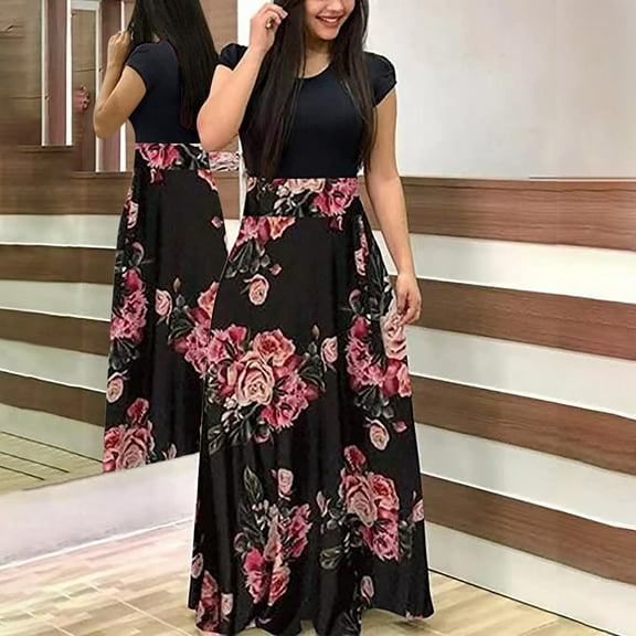 Women Short Sleeves Maxi Dresses Floral Printed Loose Plain Casual Long Dresses Patchwork Empire Waist Beach Maxi Dress with Pockets 2024