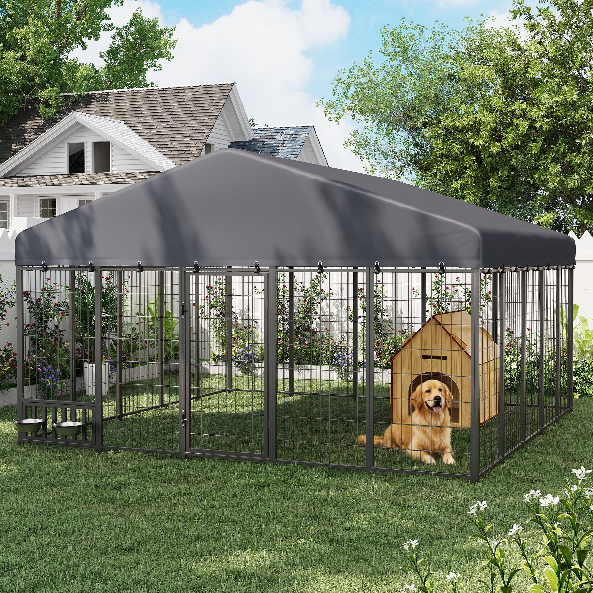 YODOLLA 10x10FT Outdoor Large Dog Kennel with Waterproof Cover, Heavy-Duty Steel Pet Enclosure with Secure Lock & Feeding Bowl, Spacious Dog Run for Backyard