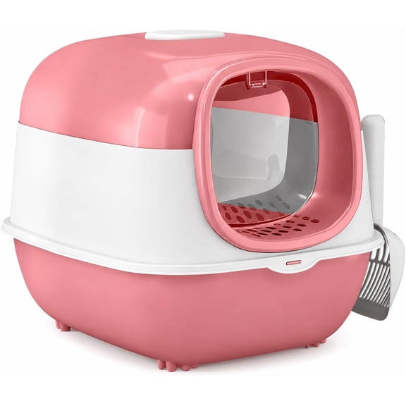 Enclosed Cat Litter Box with Two-Way Door, Litter-Filtering Entry Step,Pink