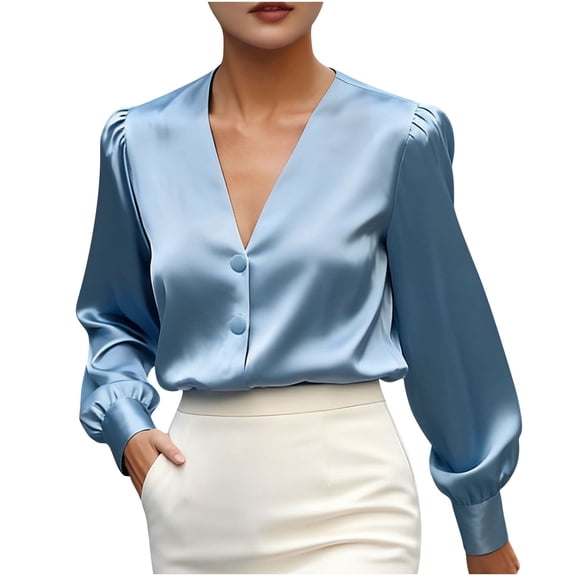 SwiftWear Women's Satin Blouses Dressy Casual V Neck Long Sleeve Shirts Business Casual Basic Tops Elegant Work Office Wear Light Blue