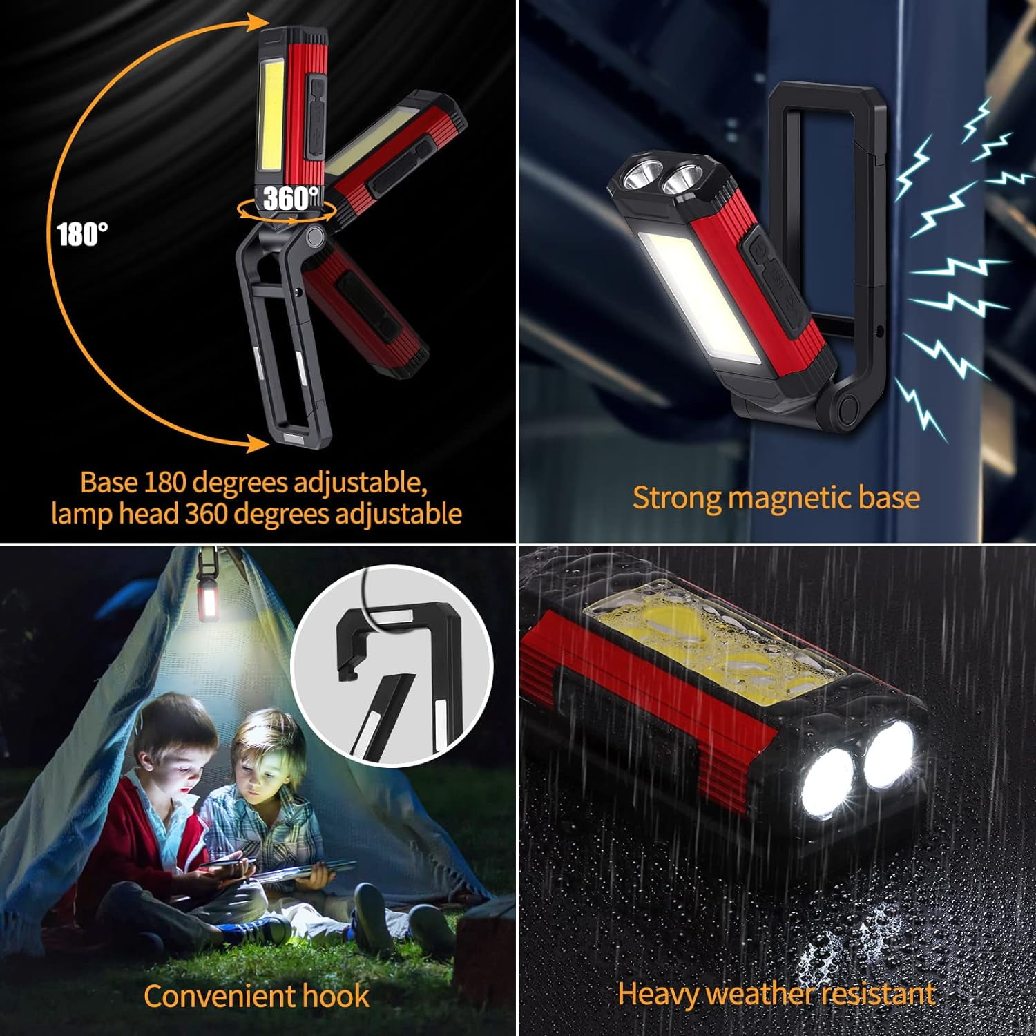 LED Magnetic Torch, Portable Foldable Flashlight Inspection Lamp Rechargeable Work Light, 360° Rotating Hook and 270° Folding Magnet Base Super Bright Torches for Repair, Emergency and Camping