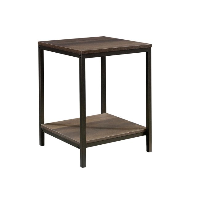 Sauder North Avenue Collection square side table in smoked oak with a black metal frame and two shelves for storage.