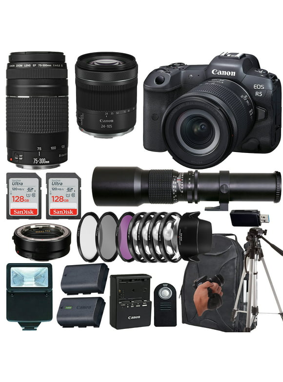 Canon EOS R5 Mirrorless Camera Canon RF 24-105mm f/4-7.1 IS STM Lens+ Canon EF 75-300mm f/4L III Lens+500mm f/8 Preset Telephoto Lens+case+256Memory Cards (24PC)