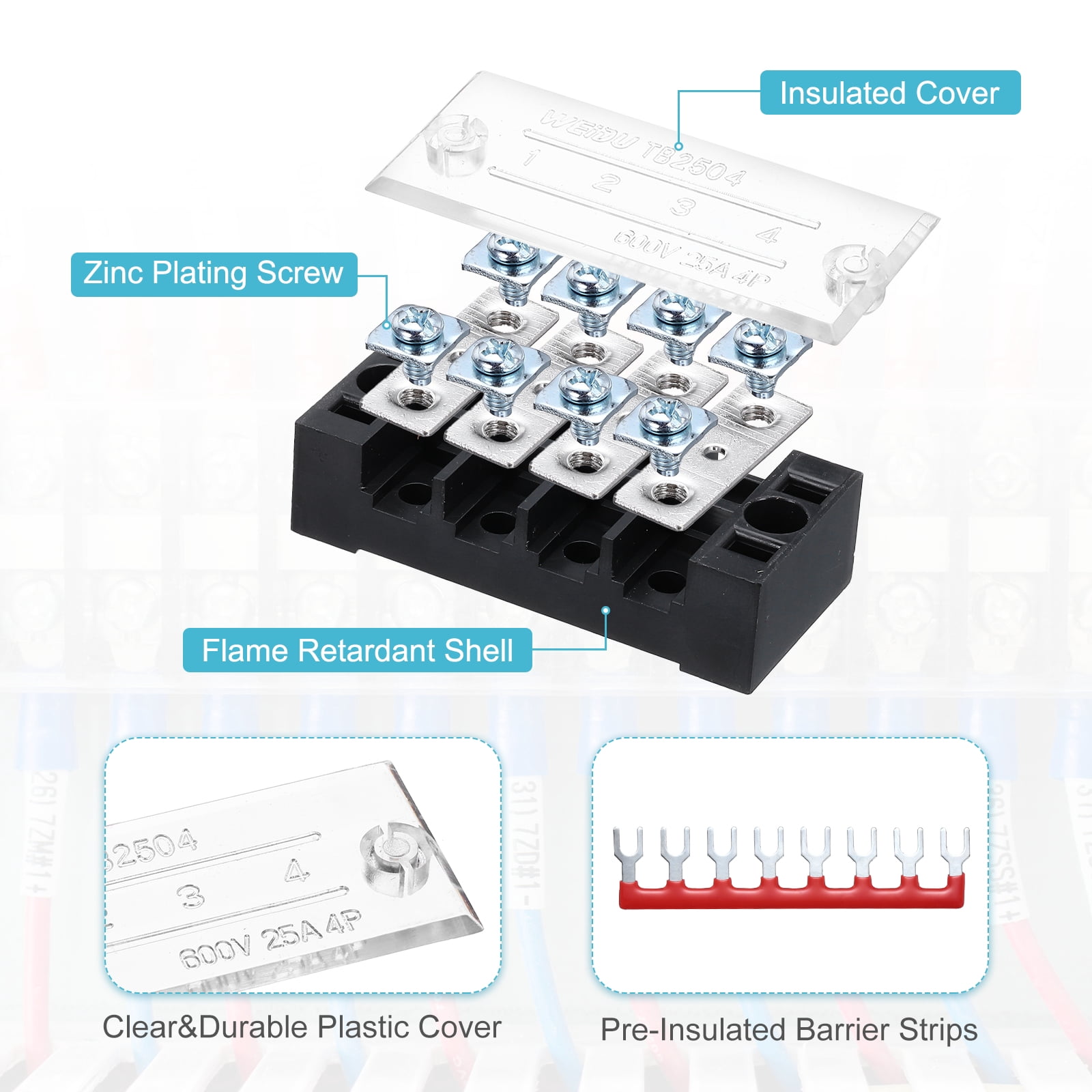 Uxcell 4 Pcs Dual Row Terminal Block, 600V 25A 8 Positions Screw Terminal Block with 4PCS Pre-Insulated Barrier Strips for Power System, Home Appliances