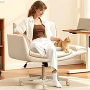 COOLHUT Criss Cross Office Chair, PU Leather Vanity Chair with Armrests and Wheels, Comfy Adjustable Swivel Ergonomic Criss Cross Chair for Home Office Bedroom Makeup, Beige