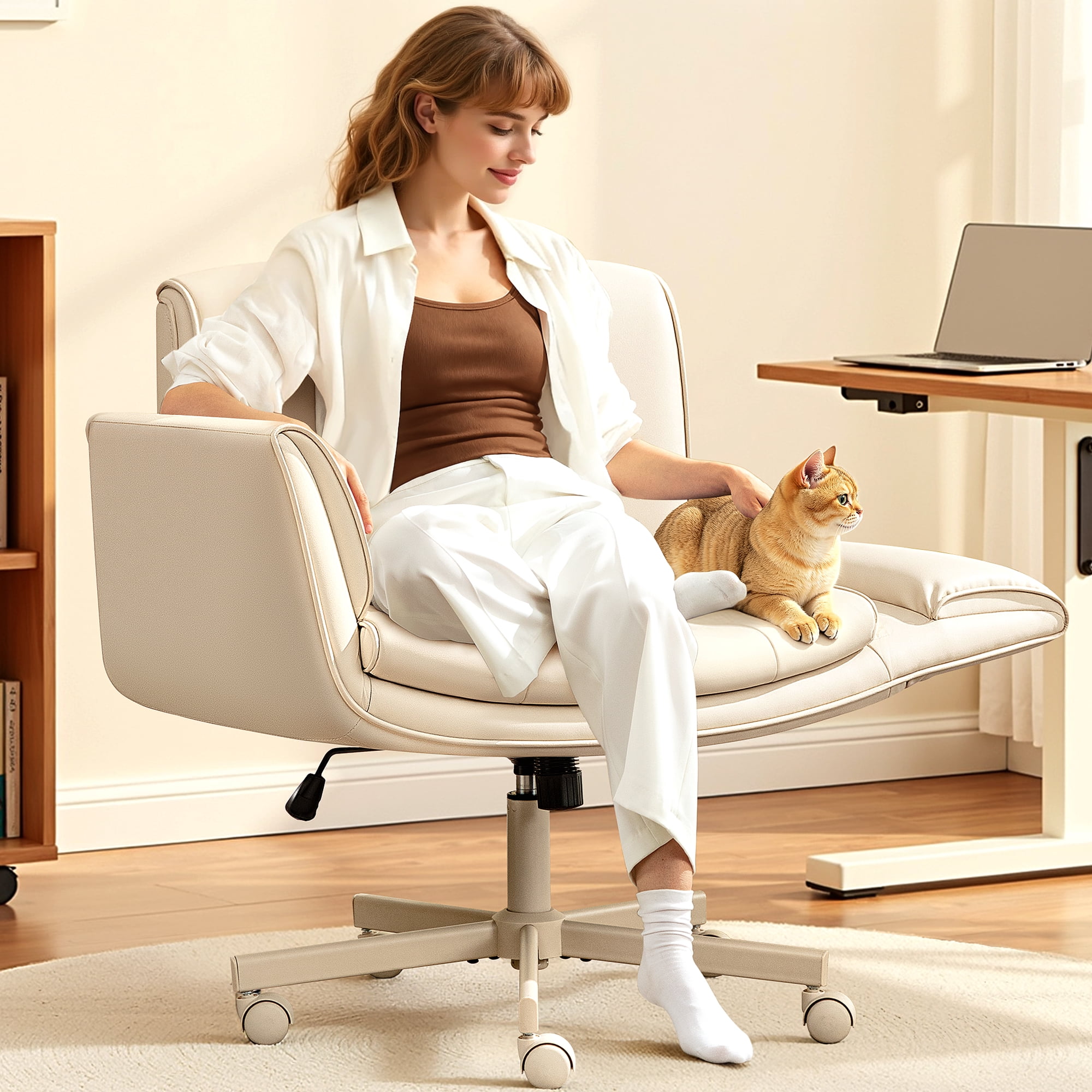 COOLHUT Criss Cross Office Chair, PU Leather Vanity Chair with Armrests and Wheels, Comfy Adjustable Swivel Ergonomic Cross Legged Chair for Home Office Bedroom Makeup, Beige